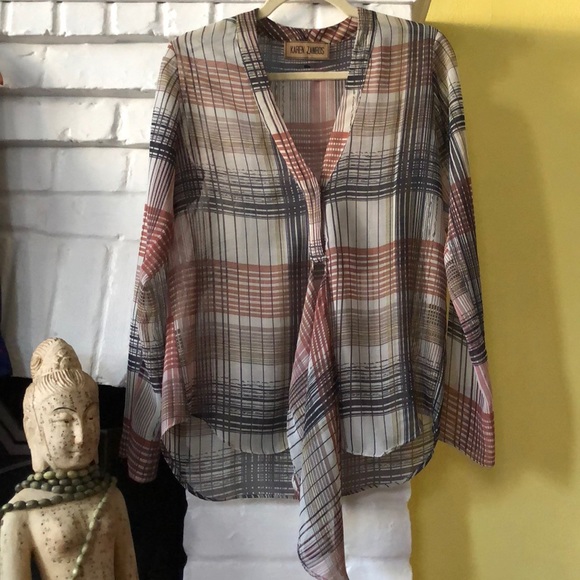 (NWOT) Karen Zambos plaid chiffon tie blouse SM - Picture 3 of 7